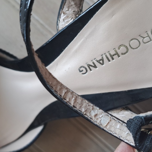 Arturo Chiang Black Patent Leather Peep Toe Ankle Strap Wedge Heels - Picture 10 of 14